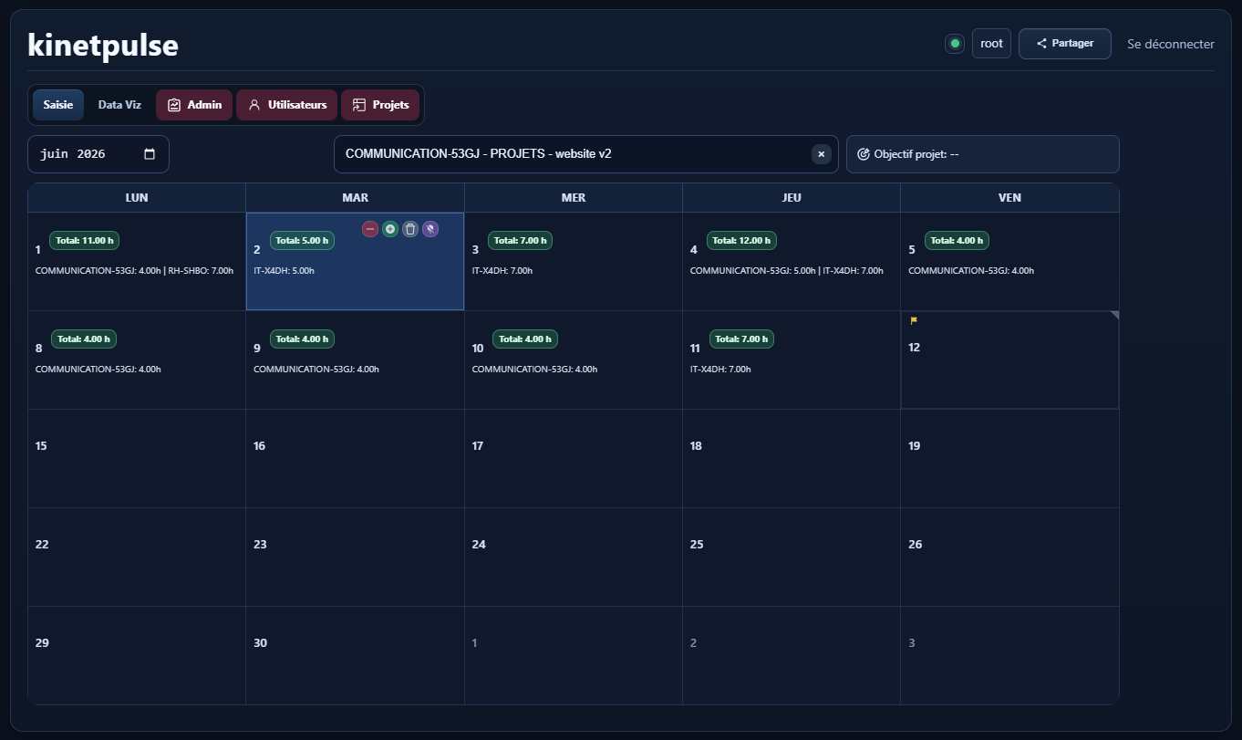 Saisie des heures projet dans KinetPulse
